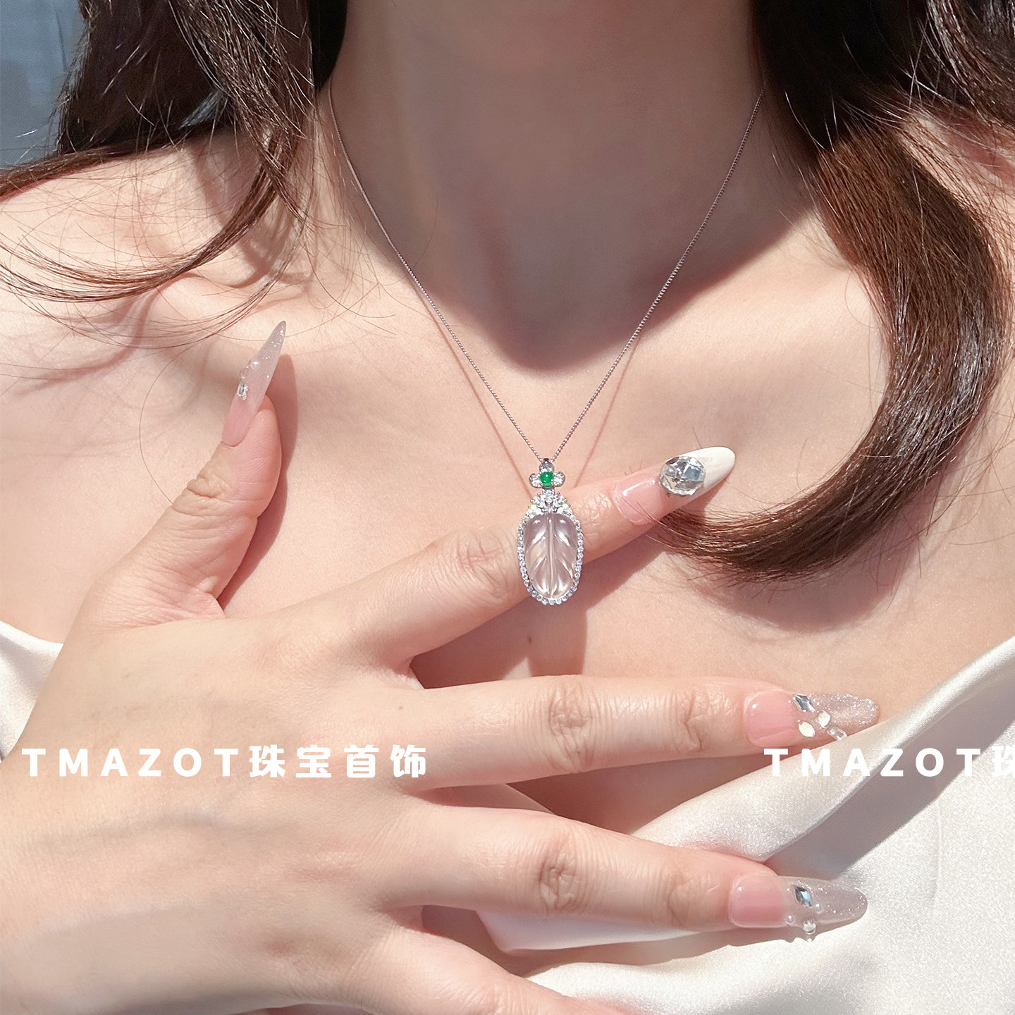 天然冰种叶子吊坠纯银项链图片