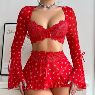 女 睡衣印花网纱蕾丝透视文胸套装 2026欧美宽袖 大码