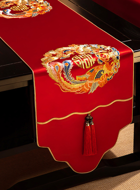 中式结婚红色桌旗喜庆茶桌布新中式刺绣盖布婚庆喜字茶几垫布床旗