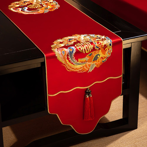 中式结婚红色桌旗喜庆茶桌布新中式刺绣盖布婚庆喜字茶几垫布床旗