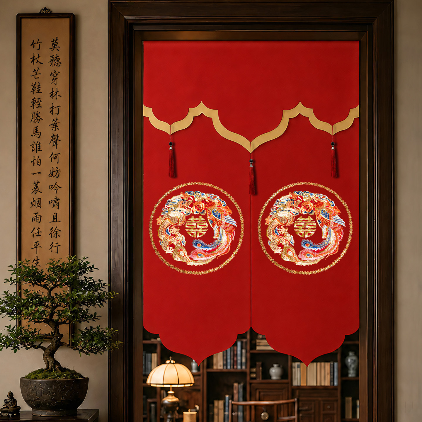 结婚门帘免打孔婚房卧室专用隔断帘喜庆红色喜字挂帘家用婚庆布帘
