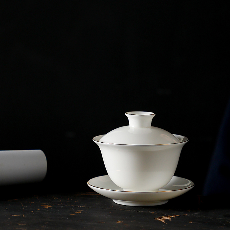 德化陶瓷三才盖碗描金亮白