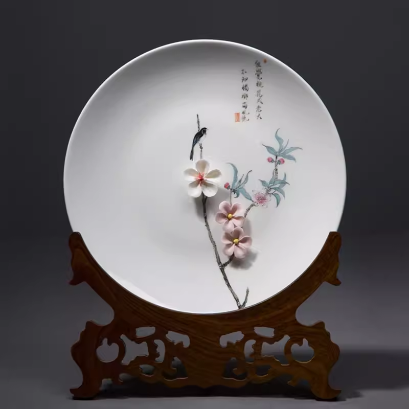 德化陶瓷羊脂玉白瓷挂盘摆件张丽娇手绘捏花中国风客厅桌面装饰品