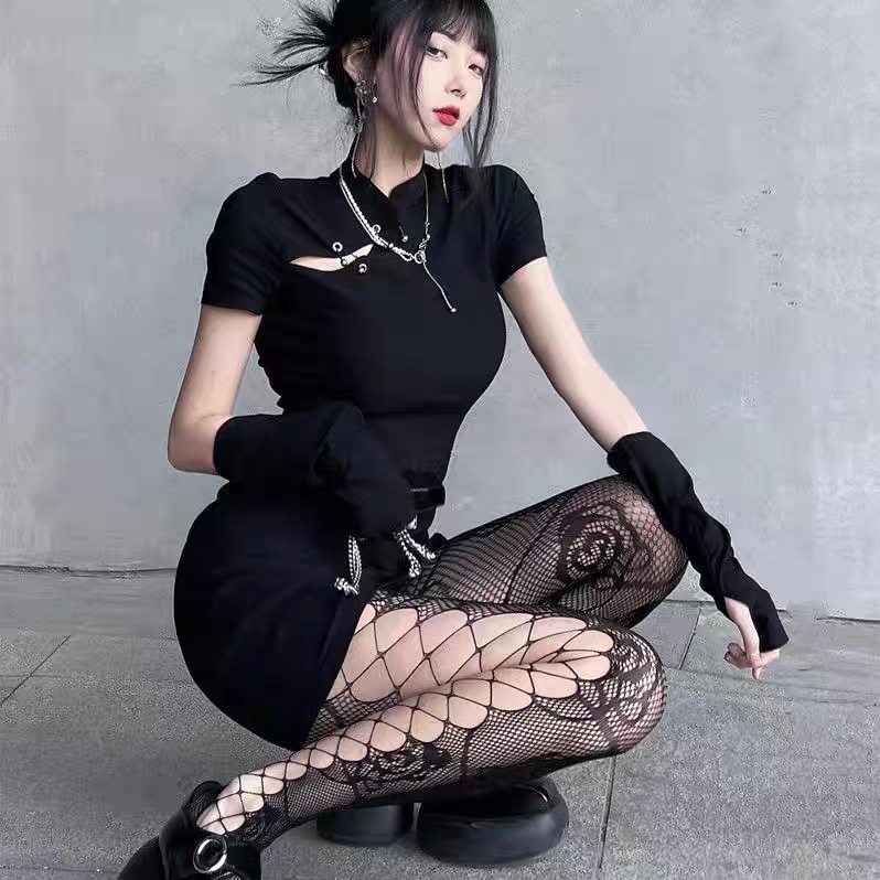 JK复古拼接绑带连裤袜薄丝袜玫瑰印花侧边镂空渔网袜Y2K连裤袜