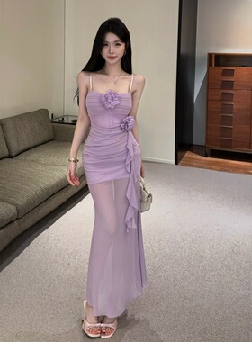 夏季紫色连衣裙女设计感小众网红纯欲度假风性感网纱透视吊带长裙