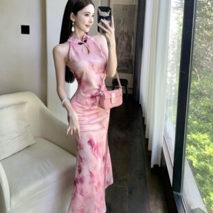 包臀开叉长裙 修身 2026新中式 改良旗袍连衣裙女温柔风印花盘扣无袖