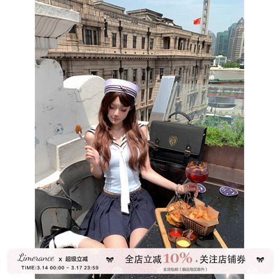 甜梨呆呆  航海寄语 夏日绝美俏皮小套装海军领上衣+条纹百褶短裙