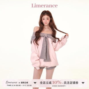 雾港甜章 设计感撞色一字肩多穿连帽宽松加绒卫衣短裤套装春季