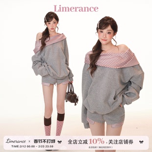 甜梨呆呆  柏林甜茶 冬季套装格子拼接灰色卫衣上衣+短裤两件套女