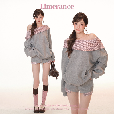 甜梨呆呆  柏林甜茶 冬季套装格子拼接灰色卫衣上衣+短裤两件套女