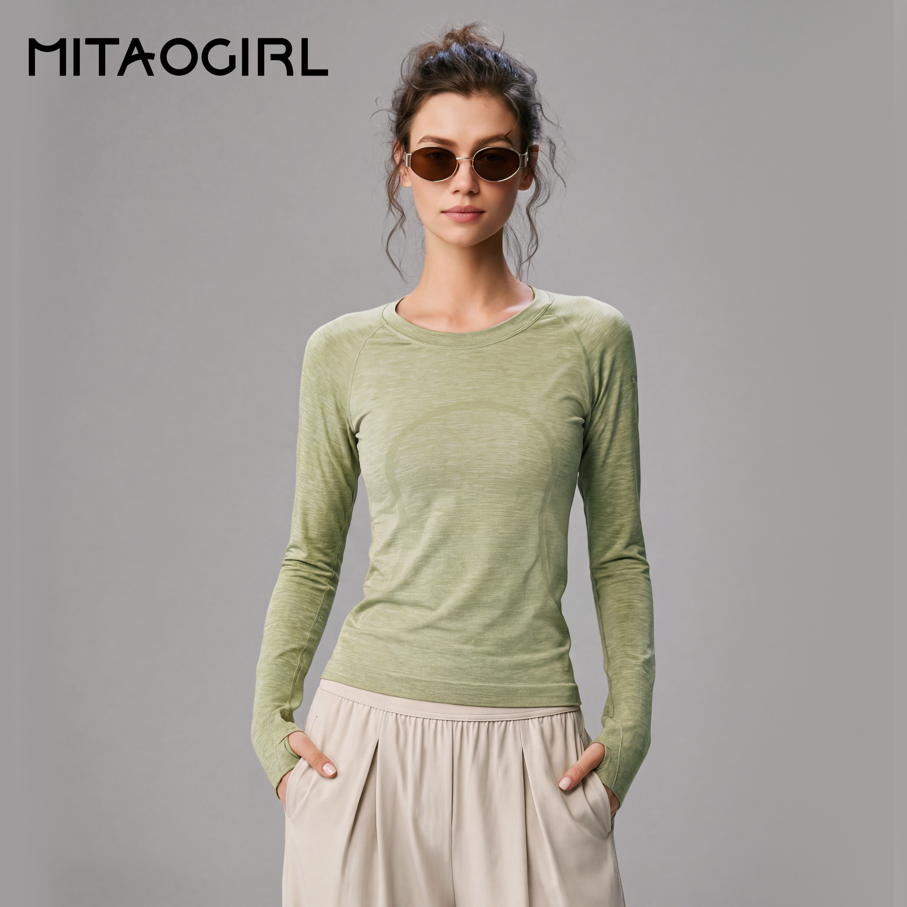 MITAOGIRL肯豆速干修身健身衣女长袖上衣跑步训练运动瑜伽T恤春秋
