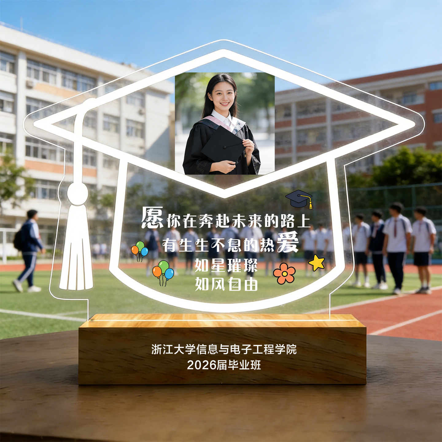 大学毕业礼物纪念奖牌奖杯定制学士帽造型LED发光亚克力照片摆台
