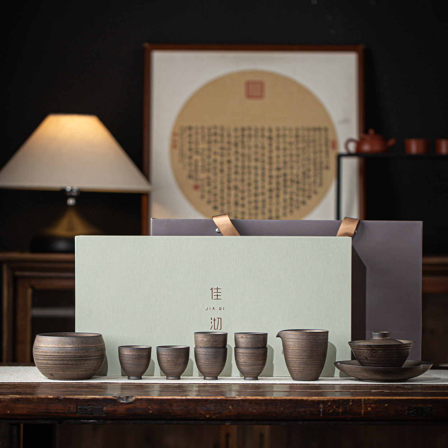 古铜铁锈釉功夫茶具套装陶瓷三才盖碗茶杯家用办公整套茶具礼盒装