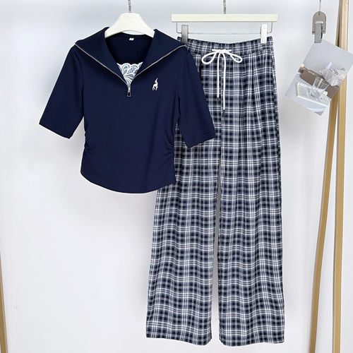 学院风早秋格纹拼蕾丝女两件套