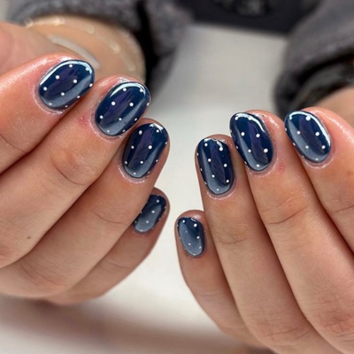 2026新款高级蓝色波点纯手工穿戴甲海莉气质杏仁美甲中长款甲片