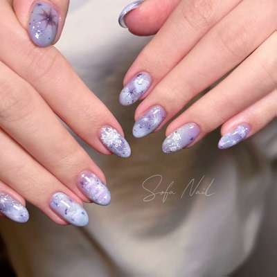 高级冬季氛围雪花纯手工穿戴甲气质显白杏仁美甲中长甲片xq