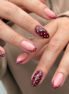 高级新年红色波点海莉纯手工穿戴甲气质显白杏仁美甲中长款甲片