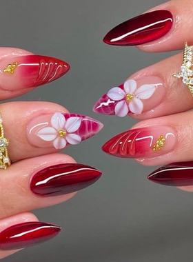 高级新年红色雕花海莉纯手工穿戴甲气质显白杏仁美甲中长款甲片