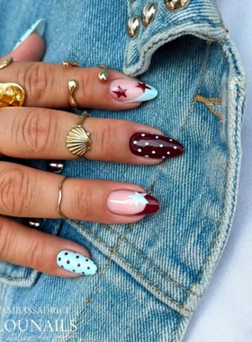 高级新年红色波点海莉纯手工穿戴甲气质显白杏仁美甲中长款甲片