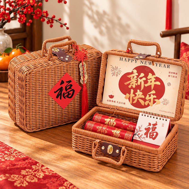 2027新年礼盒包装高档手提礼品盒春节过年创意藤编篮二次利用定制