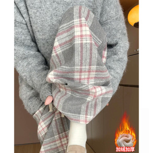 毛呢复古格子裤 子女新款 秋冬腰慵懒风直筒裤 宽松休闲加绒阔腿裤