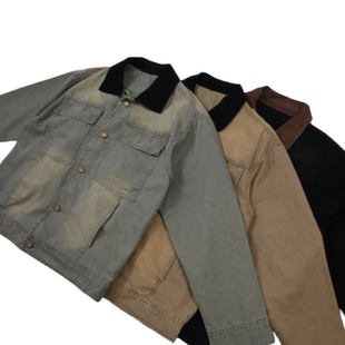 美式复古撞色拼接巴恩风复古翻领工装夹克做旧多口袋痞帅水洗外套