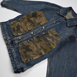 美式 风翻领宽松百搭夹克 复古大口袋洗水迷彩拼接牛仔外套男女工装