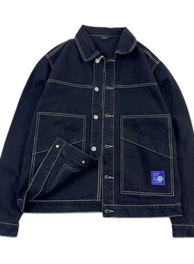 春季黑色牛仔外套 明线车辙韩版翻领宽松大码撞色男潮流夹克上衣