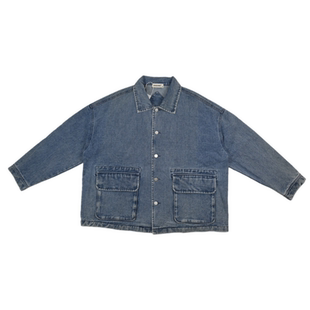 复古港风宽松落肩牛仔外套慵懒男翻领纽扣双口袋百搭做旧休闲夹克