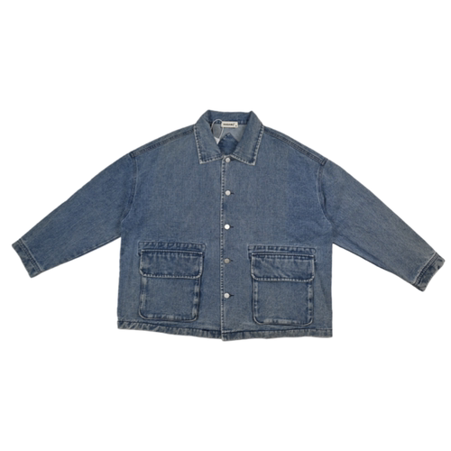 复古港风宽松落肩牛仔外套慵懒男翻领纽扣双口袋百搭做旧休闲夹克