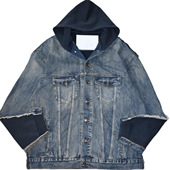 美式 复古水洗拼接做旧毛圈oversize街头落肩男女连帽牛仔卫衣外套
