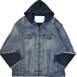 美式复古水洗拼接做旧毛圈oversize街头落肩男女连帽牛仔卫衣外套