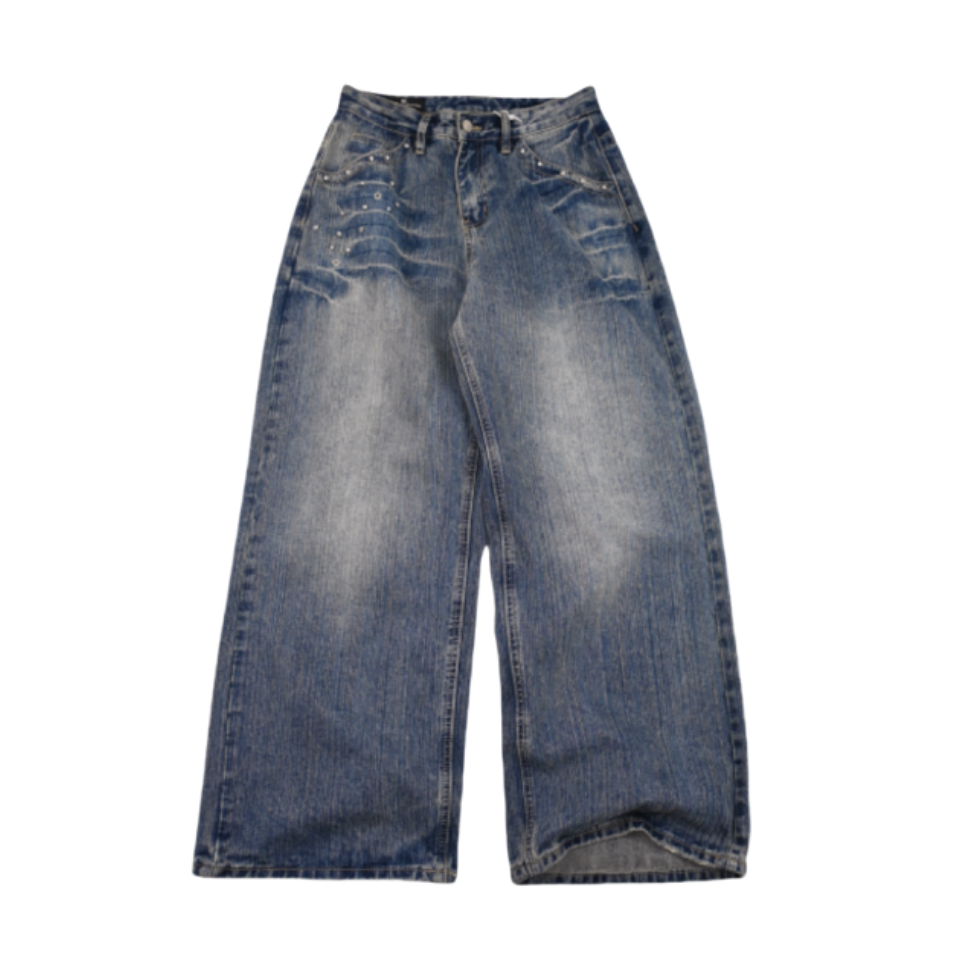 竖纹机理闪电磨破做旧牛仔裤