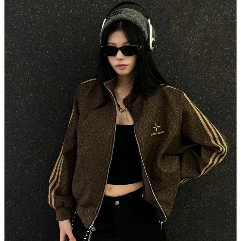美式复古豹纹立领男女同款皮衣外套宽松百搭秋时尚上衣外衣开衫潮