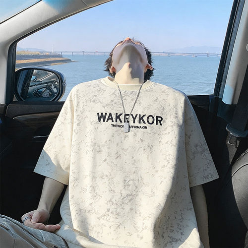 隐哲穿搭DX2501夏季华棉脏脏布重磅印花刺绣大码宽松男生短袖T恤