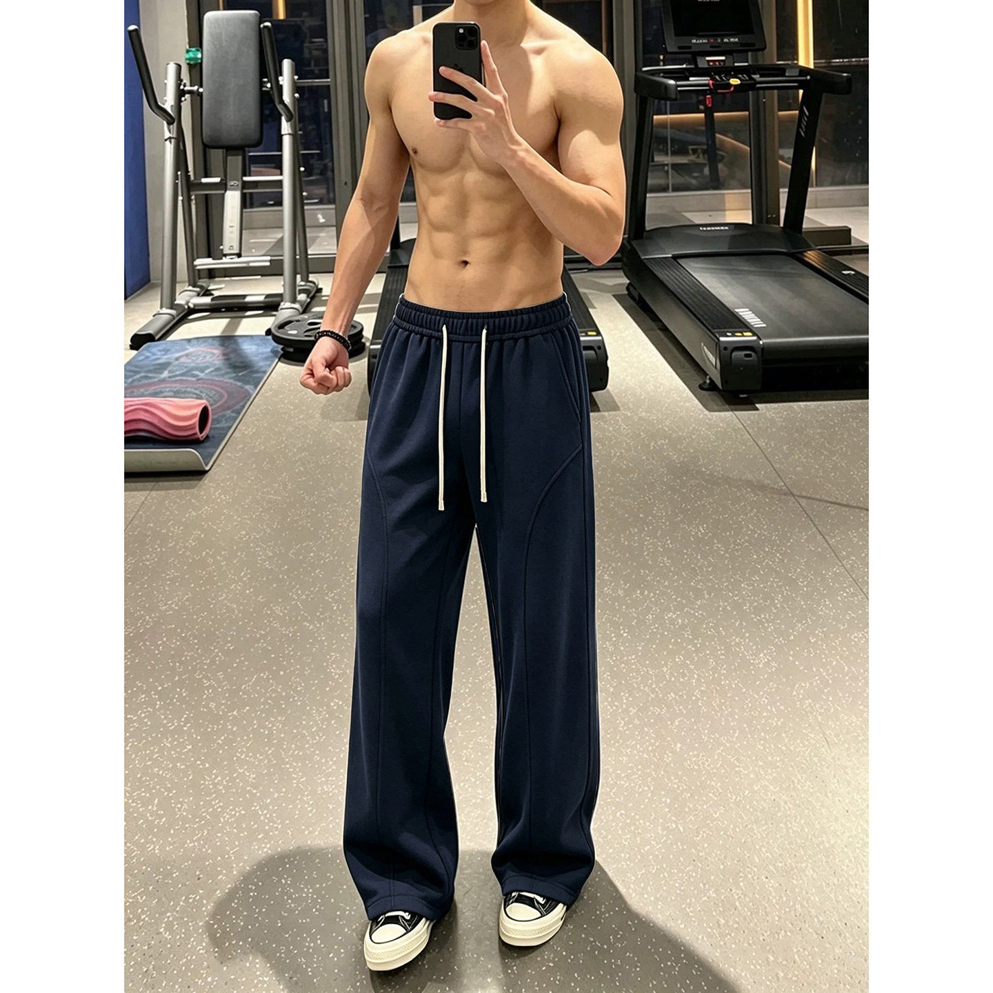 藏青色直筒健身卫裤男款秋冬美式斜切训练裤子显瘦微喇休闲运动裤