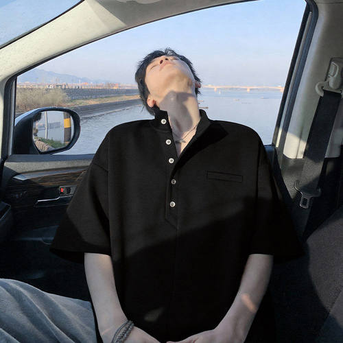 隐哲穿搭DT6252夏季270克曼巴棉大码宽松立领男生纯色百搭短袖T恤