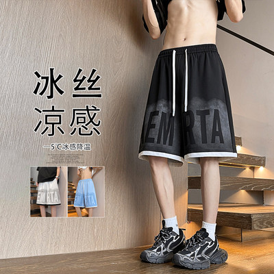 隐哲穿搭HK25450夏季美式宽松假两件冰丝五分裤男生菠萝格短裤