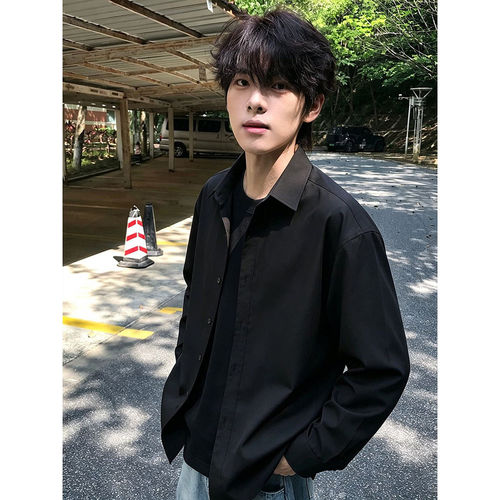 复古黑色休闲长袖衬衫男秋季那不勒斯dk制服衬衣西装内搭叠穿外套