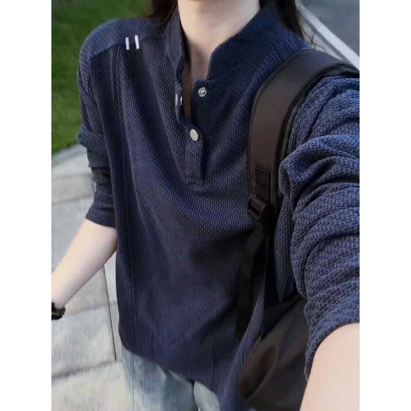 肌理感刺绣拼接亨利领t恤男女秋宽松休闲百搭卫衣情侣穿搭打底衫