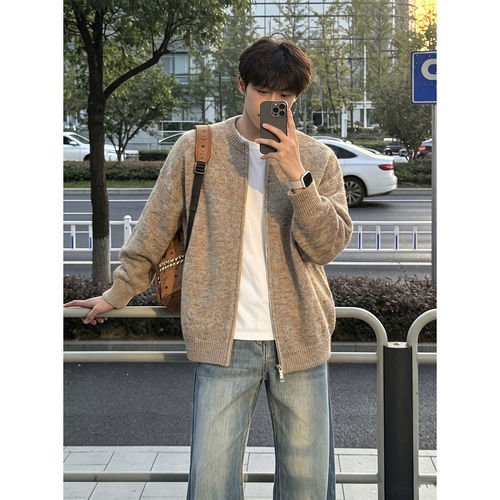 美式双拉链针织开衫毛衣男秋慵懒老钱风miu系上衣人夫感休闲外套