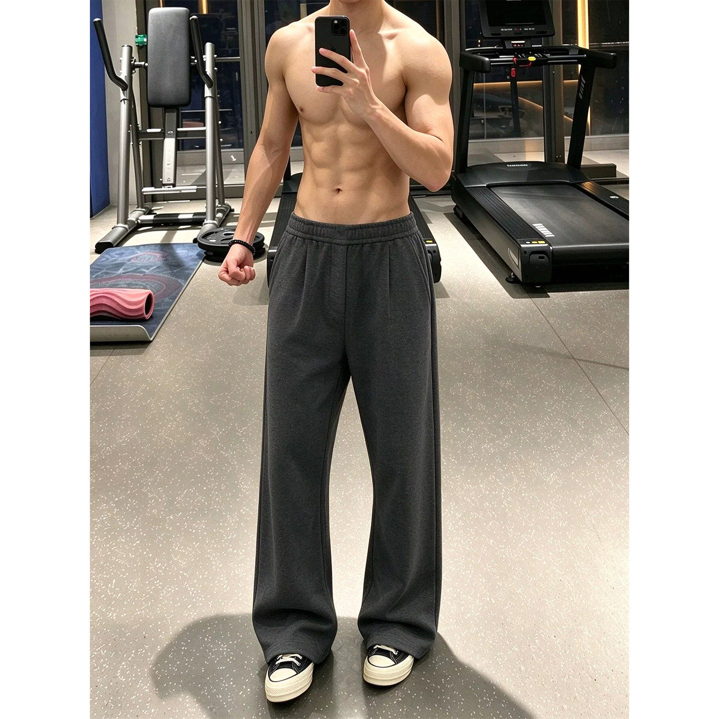深灰色微喇弯刀卫裤男款秋季美式健身训练运动裤子加长休闲直筒裤