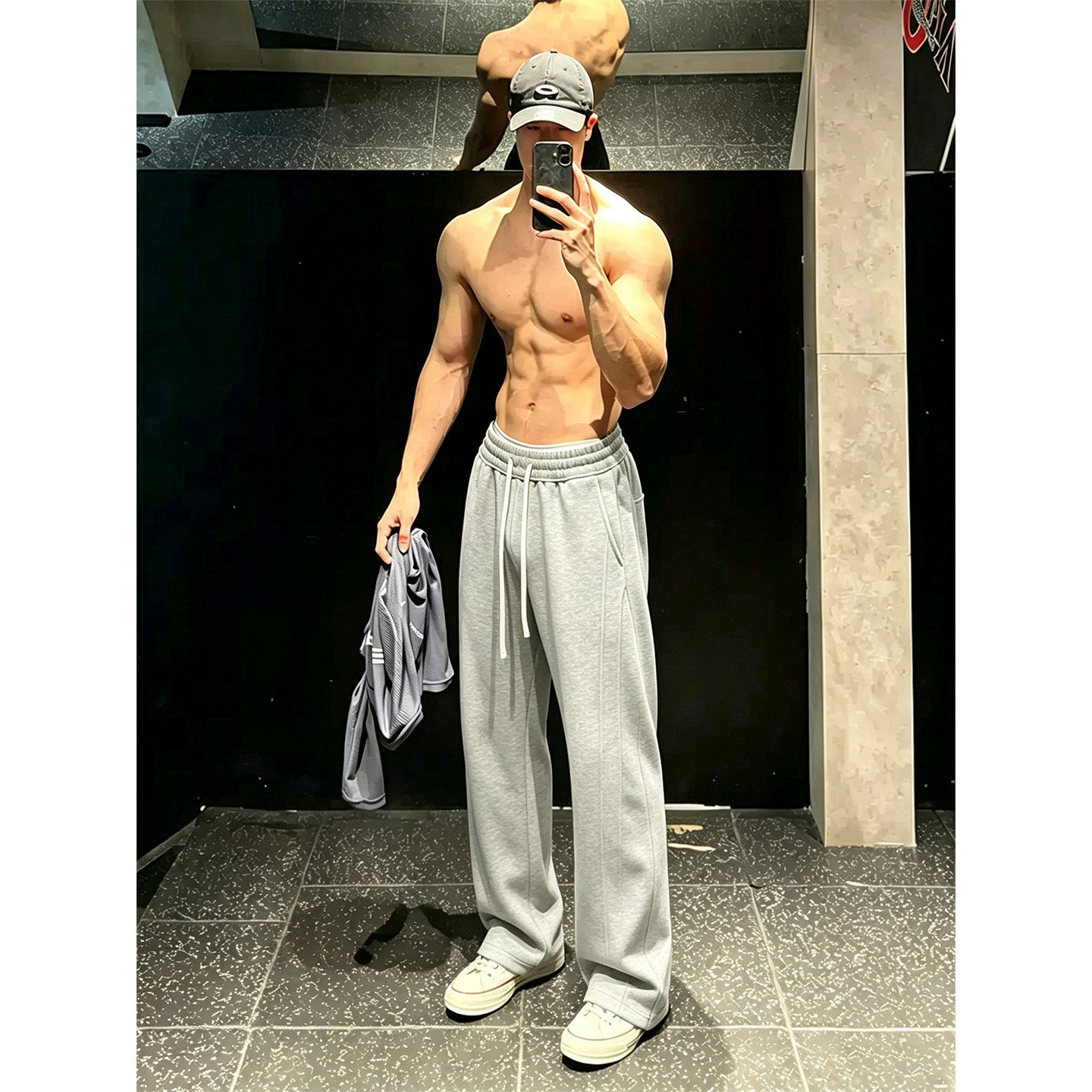 灰色美式弯刀卫裤男秋季高级感重磅运动裤子cleanfit显瘦阔腿长裤