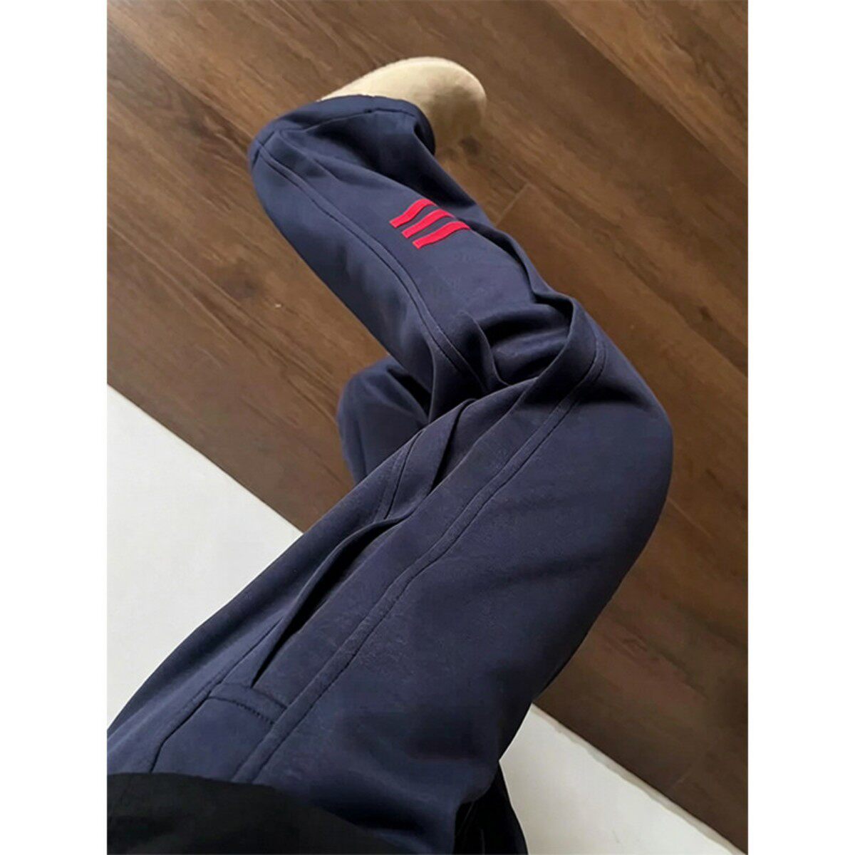 藏青色解构重磅卫裤男款秋春潮牌美式条纹运动裤子垂感直筒休闲裤