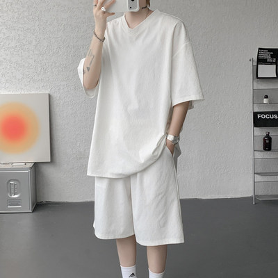 隐哲穿搭LTZ06夏季冰丝肌理感提花短袖T恤大码休闲运动两件套装男