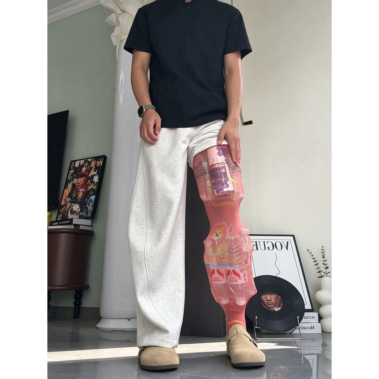 白花灰色微喇弯刀加绒卫裤男秋季美式斜切直筒裤子显瘦运动休闲裤