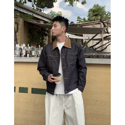 Aye春秋新款男女麂皮翻领宽松百搭美式撞色翻领短款牛仔夹克外套