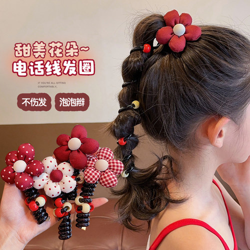 红花朵缠绕发绳编泡泡辫发圈儿童