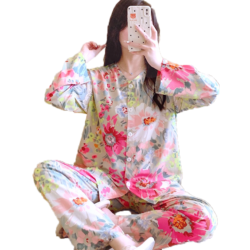 2025年新款薄款開衫睡衣女人造棉綢春秋長(zhǎng)袖套裝夏天女綿綢家居服