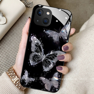 暗夜钻石蝴蝶适用苹果15手机壳iphone14promax女13新款12钢化玻璃11保护套x/xs防摔17全包8plus高端16简约se2